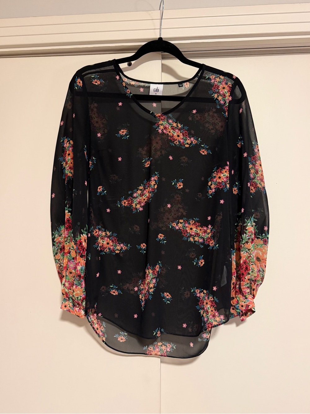 cAbi Black Sheer Floral Long-Sleeve Blouse